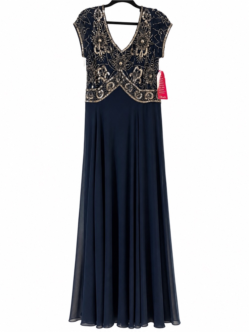 J Kara Navy and Gold Embellished Cap-Sleeve Formal Dress
